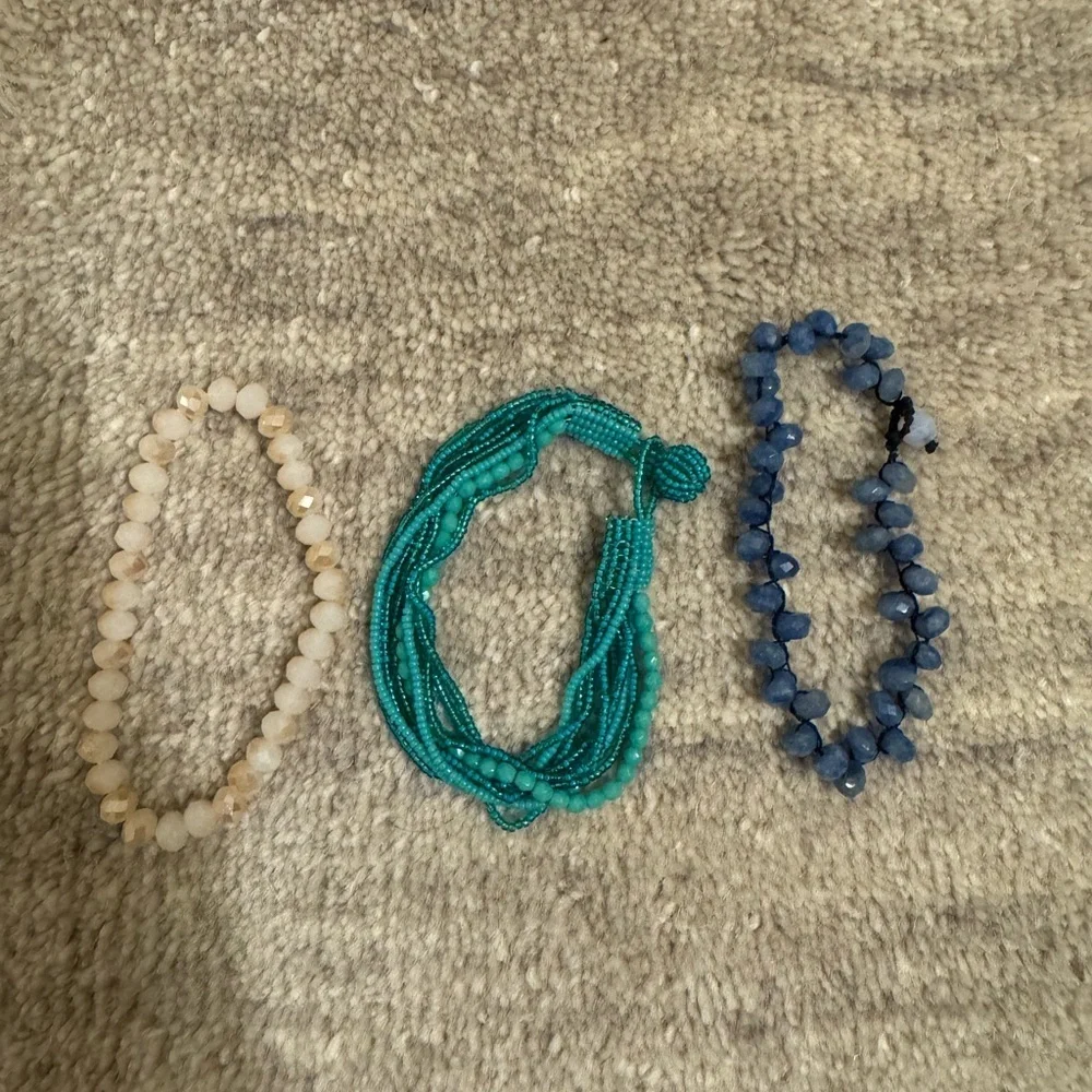 Set of Three Beaded Bracelets in Cream, Teal, and Blue